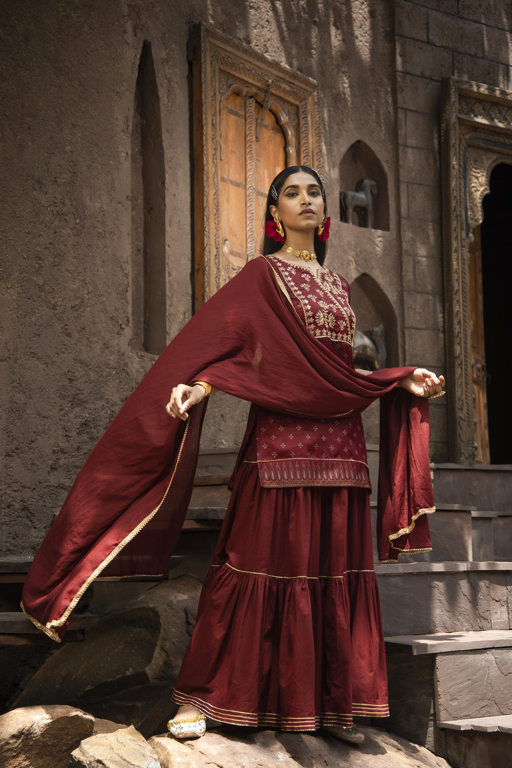 Juniper Maroon Satin Slub Festive Embroidered Printed Straight Kurta Skirt Dupatta Set