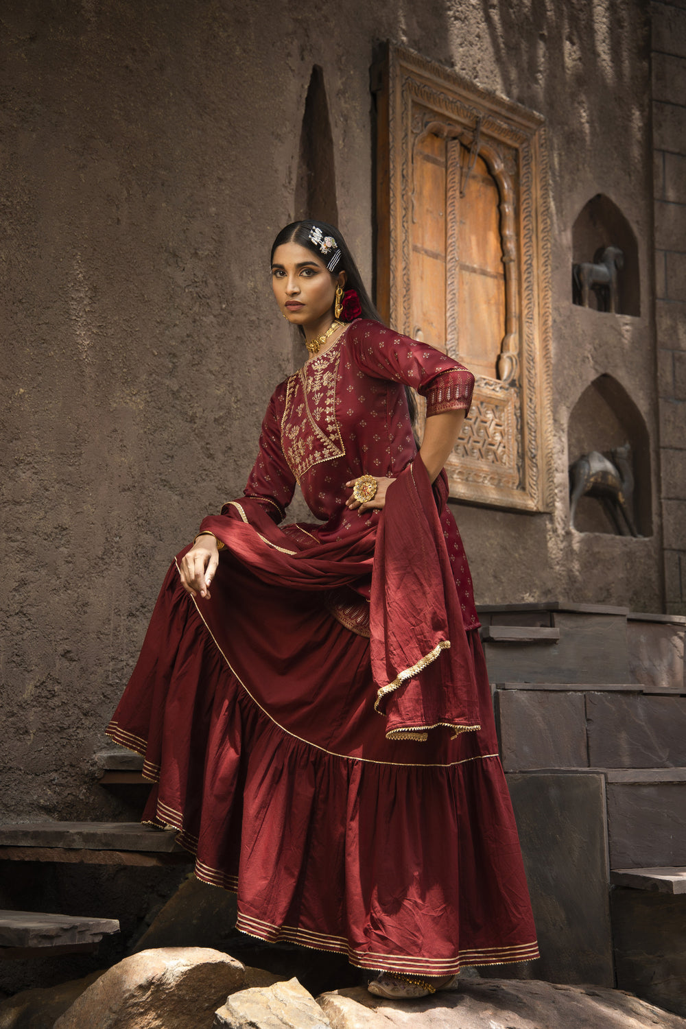 Juniper Maroon Satin Slub Festive Embroidered Printed Straight Kurta Skirt Dupatta Set