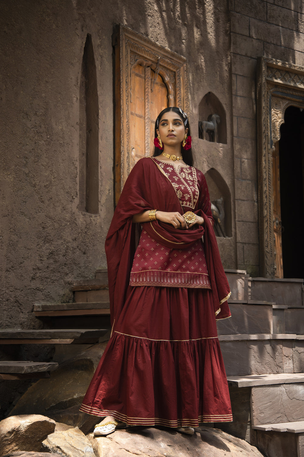 Juniper Maroon Satin Slub Festive Embroidered Printed Straight Kurta Skirt Dupatta Set