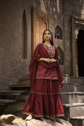 Juniper Maroon Satin Slub Festive Embroidered Printed Straight Kurta Skirt Dupatta Set