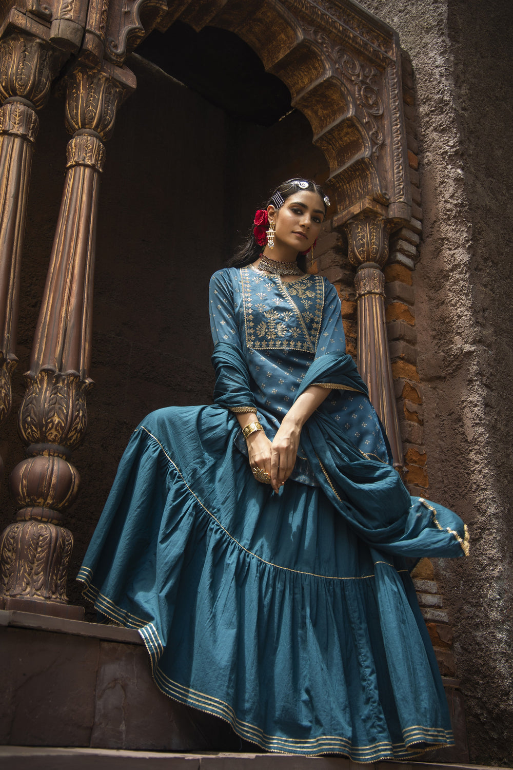 Juniper Teal Satin Slub Festive Embroidered Printed Straight Kurta Skirt Dupatta For Women