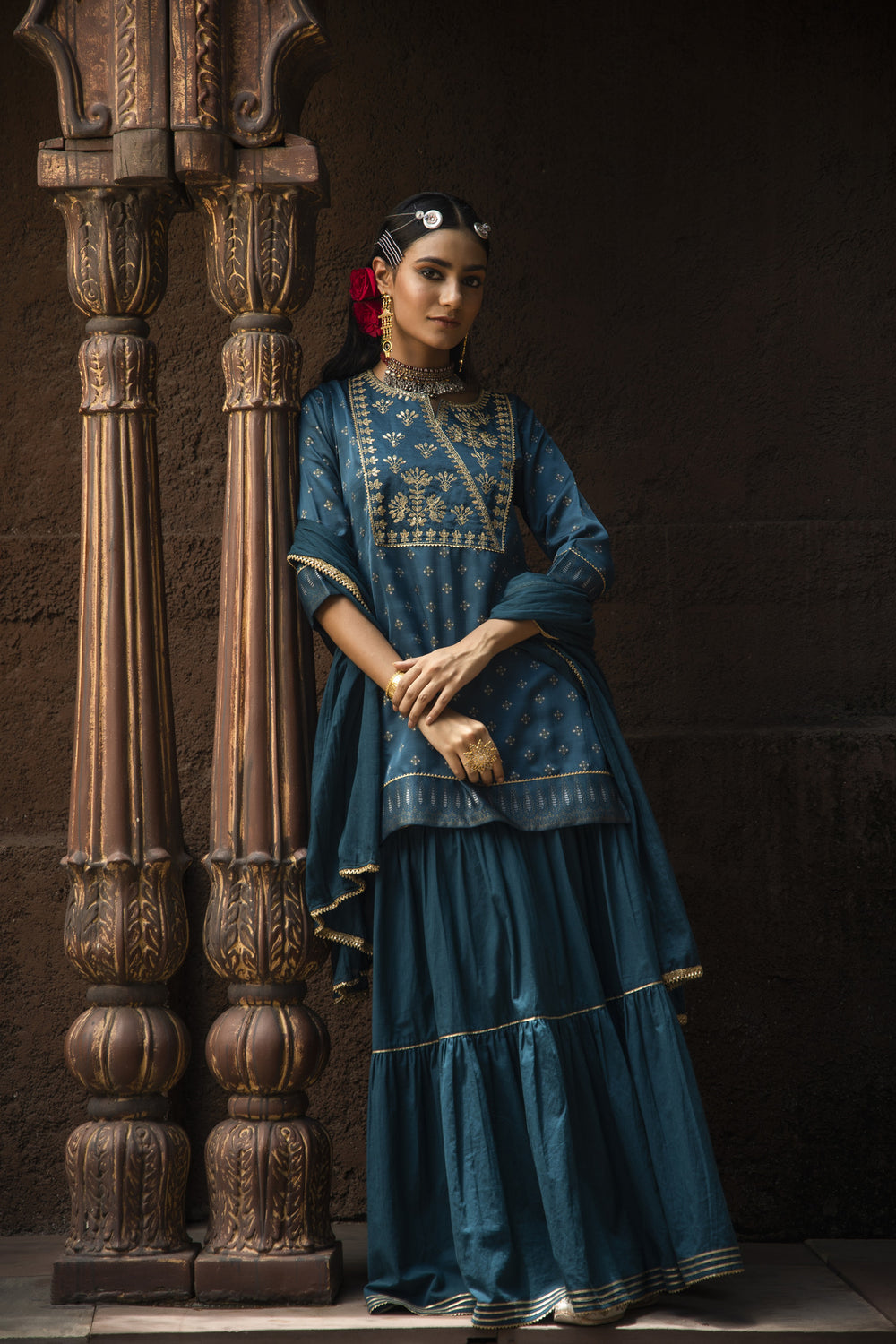 Juniper Teal Satin Slub Festive Embroidered Printed Straight Kurta Skirt Dupatta For Women