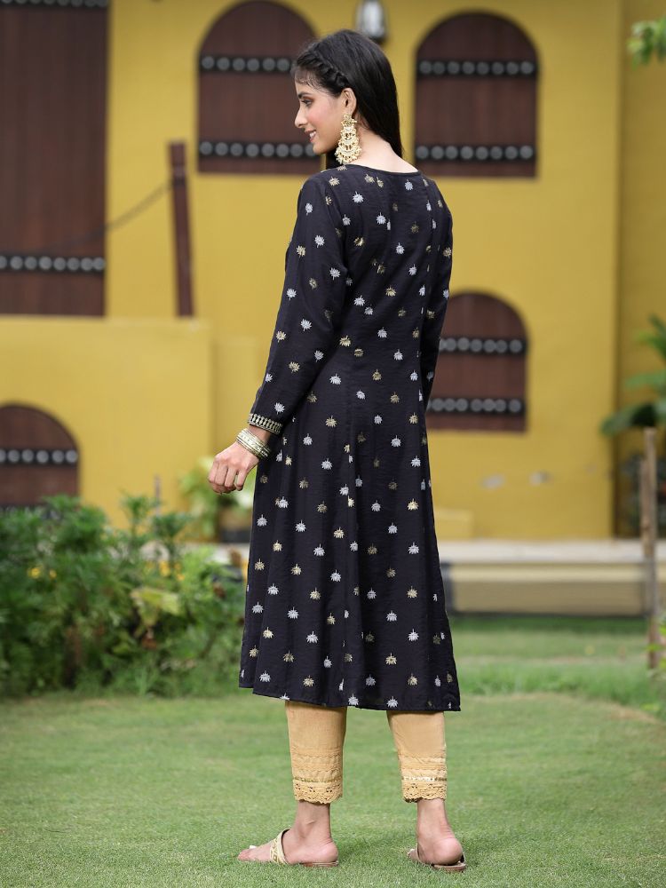Juniper Women Black Rayon Festive Foil Printed Anarkali Flared Anarkali Kurta