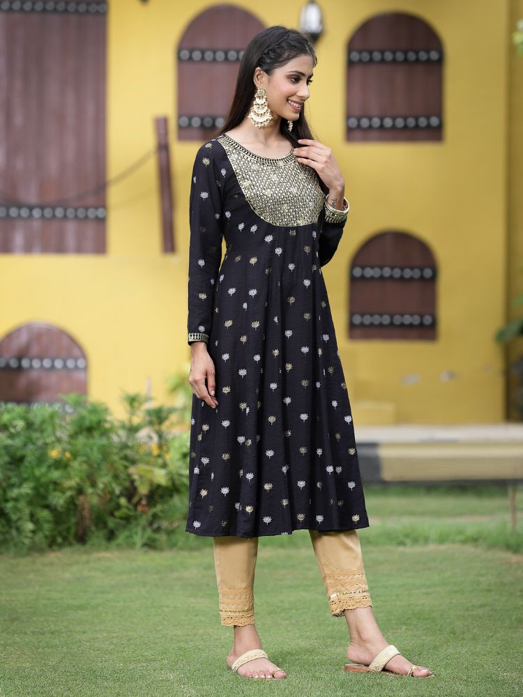 Juniper Women Black Rayon Festive Foil Printed Anarkali Flared Anarkali Kurta