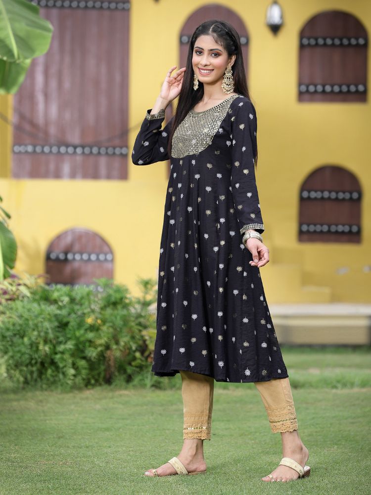 Juniper Women Black Rayon Festive Foil Printed Anarkali Flared Anarkali Kurta