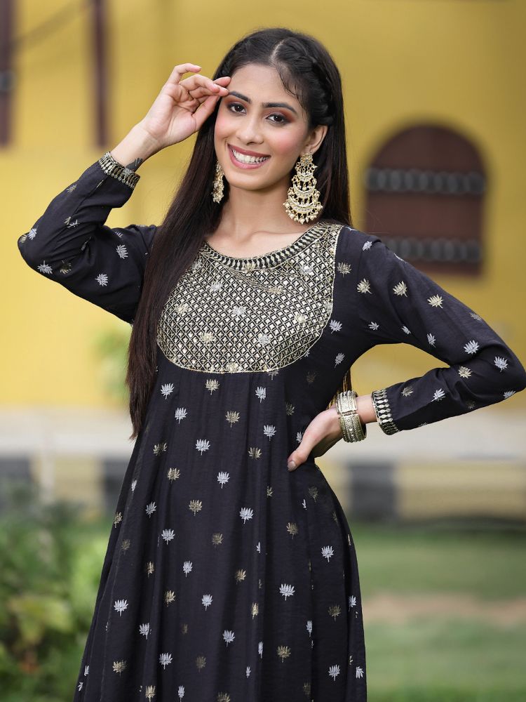 Juniper Women Black Rayon Festive Foil Printed Anarkali Flared Anarkali Kurta