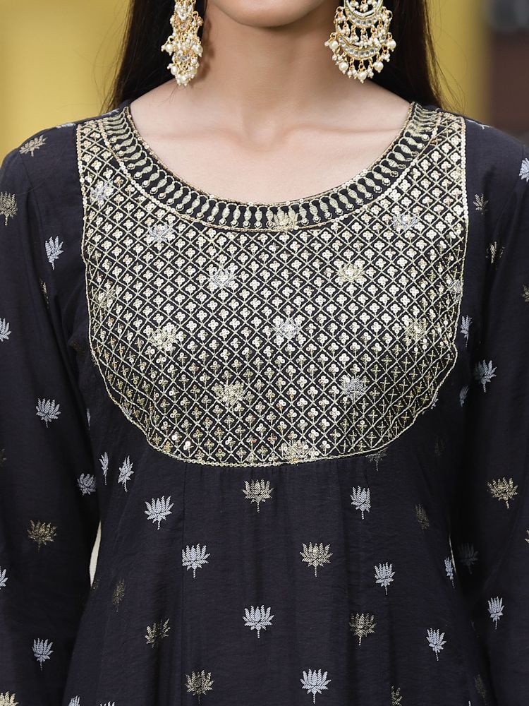 Juniper Women Black Rayon Festive Foil Printed Anarkali Flared Anarkali Kurta