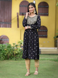 Juniper Women Black Rayon Festive Foil Printed Anarkali Flared Anarkali Kurta