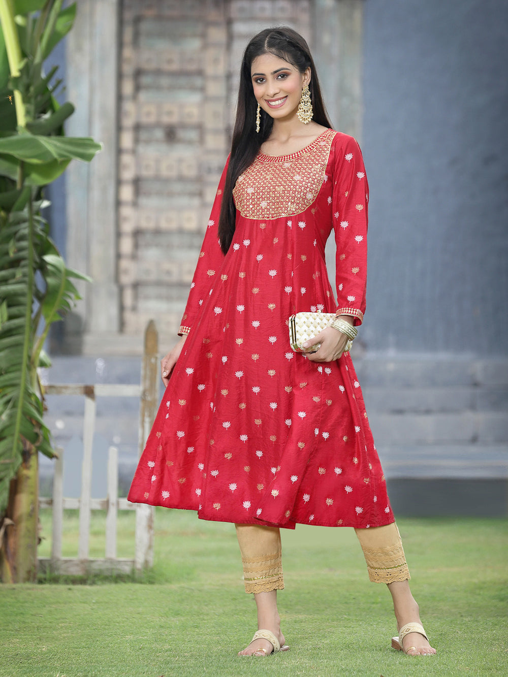 Juniper Women Red Rayon Festive Foil Printed Anarkali Flared Anarkali Kurta