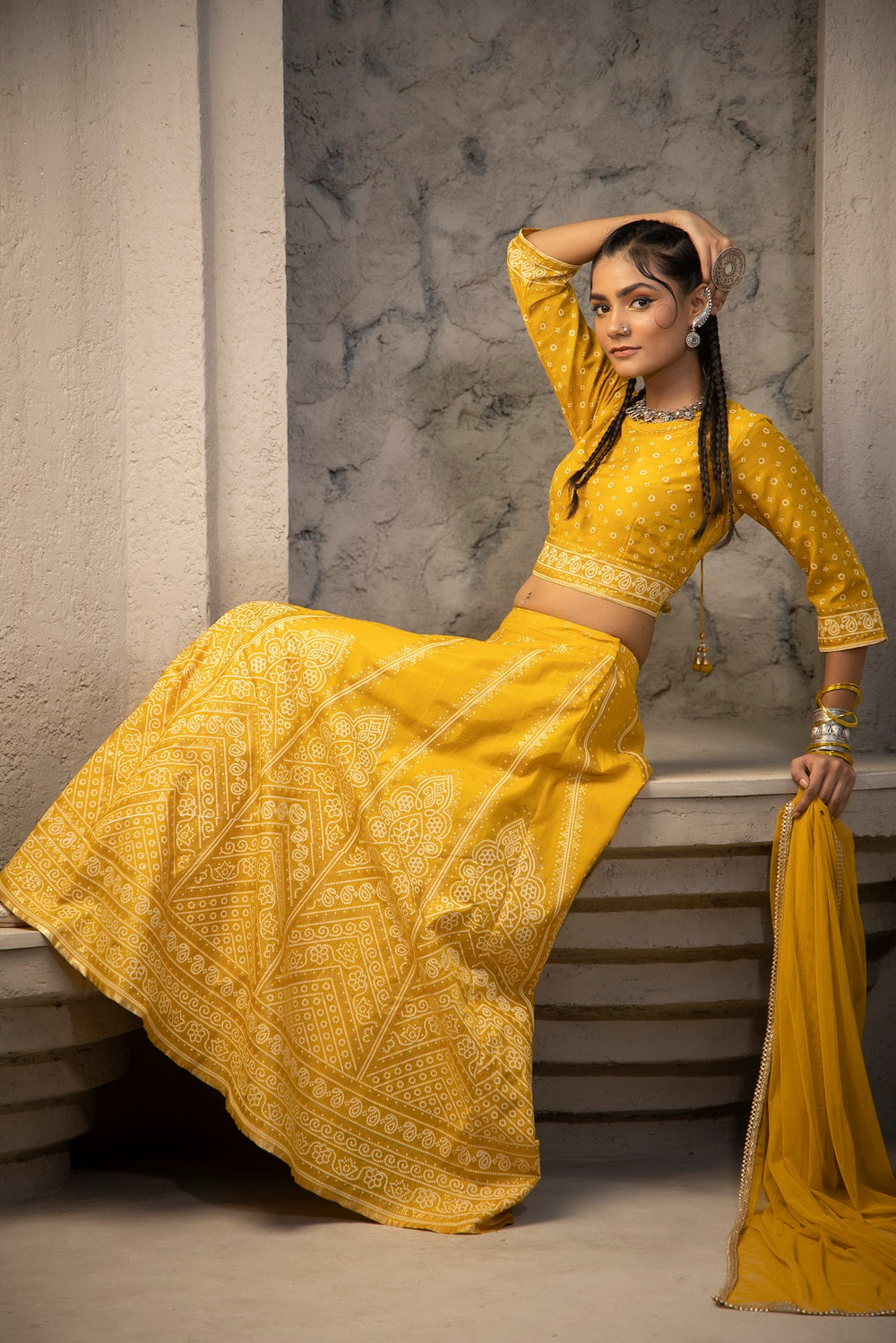 Juniper Mustard Santoon Slub Festive Printed Crop Lehenga Choli Dupatta Set