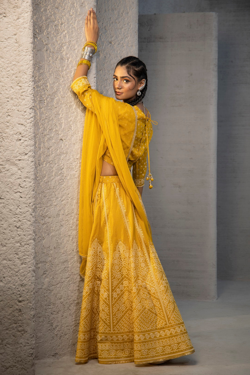 Juniper Mustard Santoon Slub Festive Printed Crop Lehenga Choli Dupatta Set