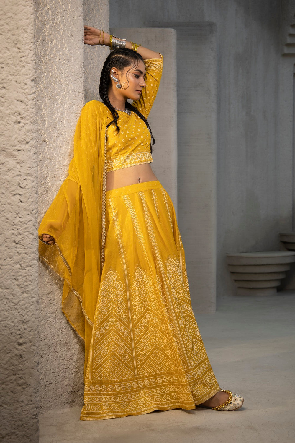 Juniper Mustard Santoon Slub Festive Printed Crop Lehenga Choli Dupatta Set