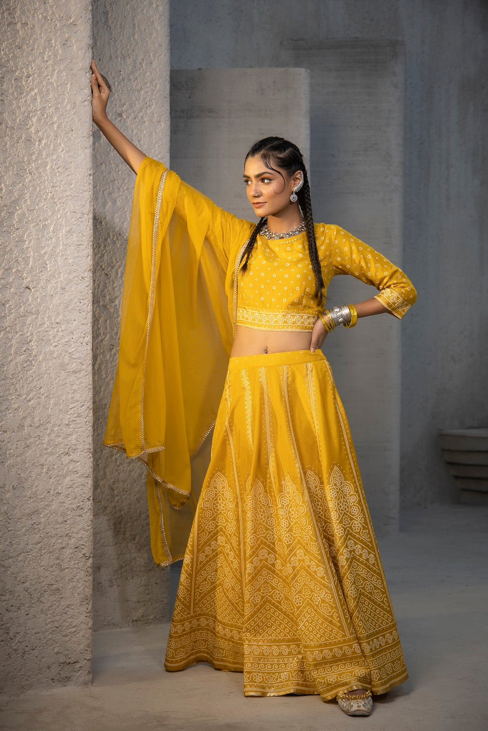 Juniper Mustard Santoon Slub Festive Printed Crop Lehenga Choli Dupatta Set