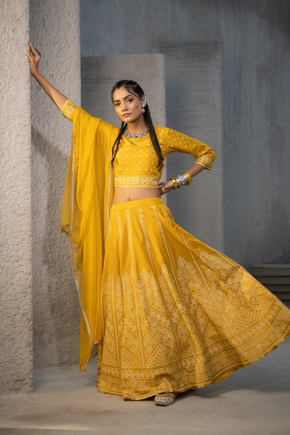 Juniper Mustard Santoon Slub Festive Printed Crop Lehenga Choli Dupatta Set