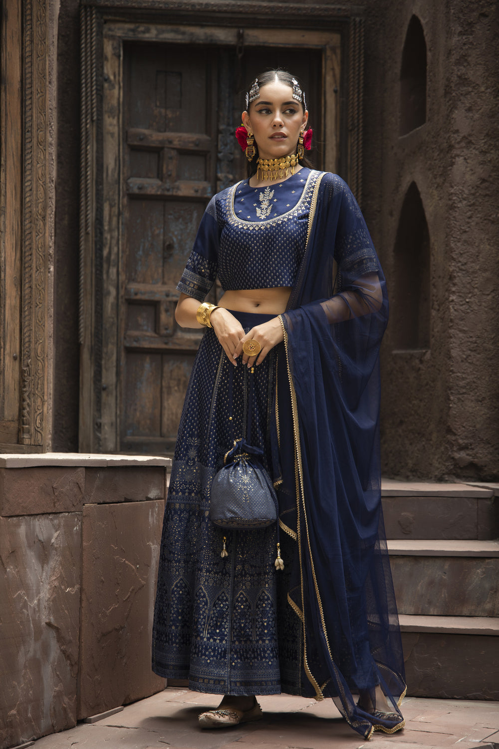 Juniper Navy Dull Satin Festive Embroidered Printed Crop Lehenga Choli Dupatta For Women