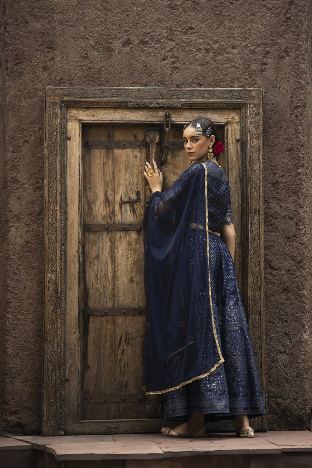 Juniper Navy Dull Satin Festive Embroidered Printed Crop Lehenga Choli Dupatta For Women