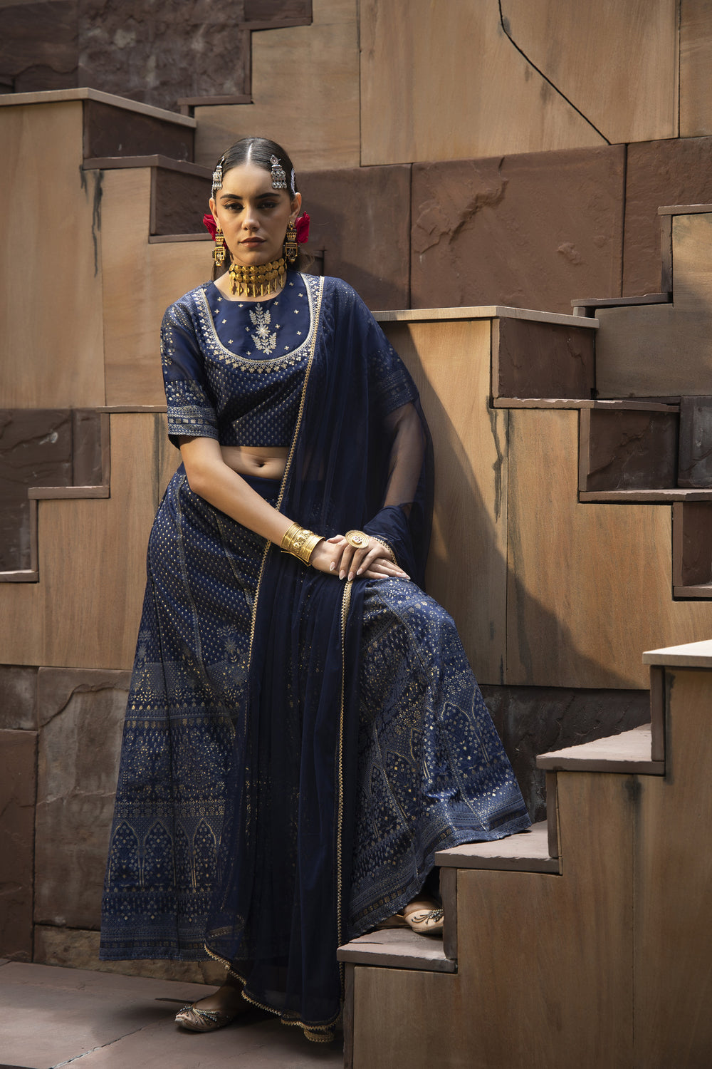 Juniper Navy Dull Satin Festive Embroidered Printed Crop Lehenga Choli Dupatta For Women