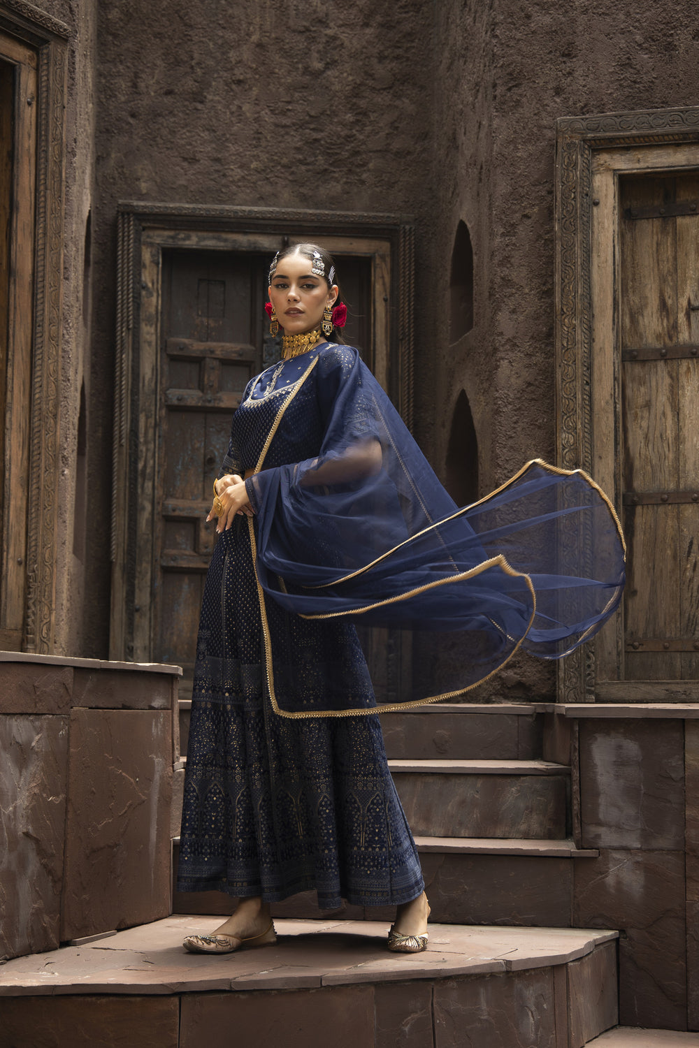 Juniper Navy Dull Satin Festive Embroidered Printed Crop Lehenga Choli Dupatta For Women