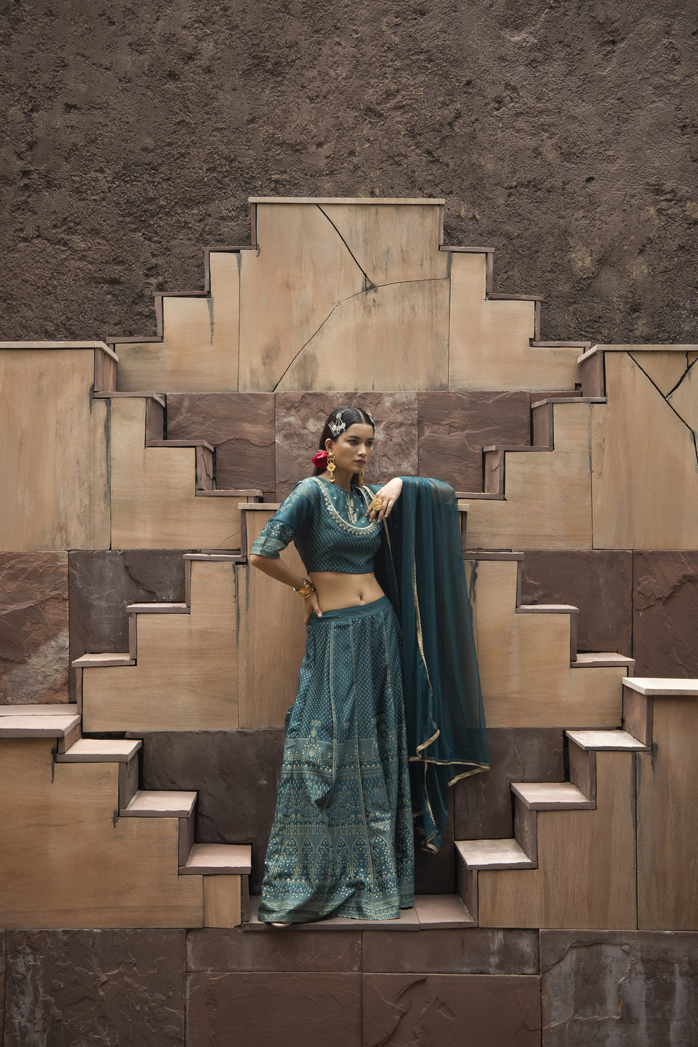 Juniper Teal Dull Satin Festive Embroidered Printed Crop Lehenga Choli Dupatta Set