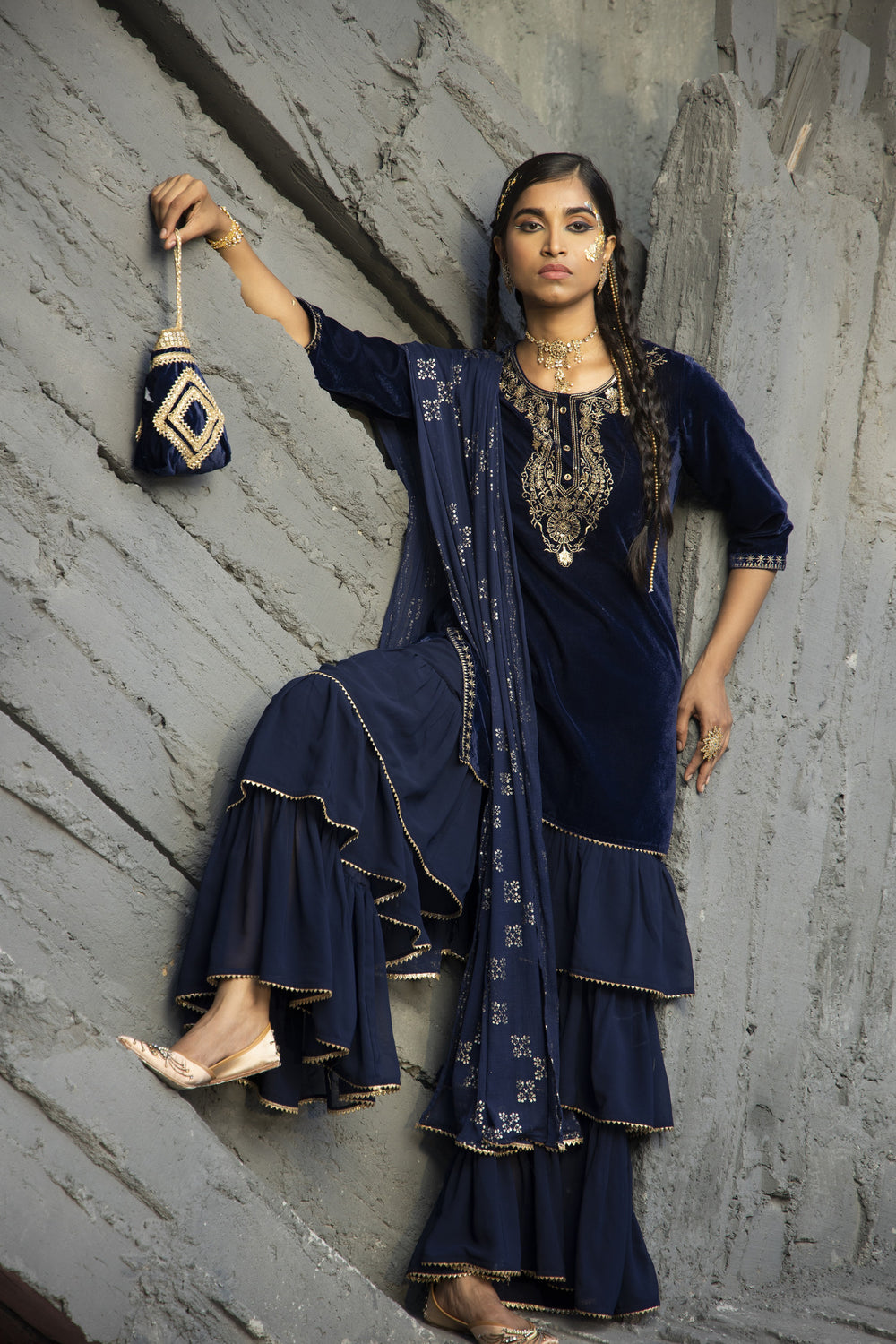 Juniper Blue Velvet Festive Solid Straight kurta Sharara Set For Women