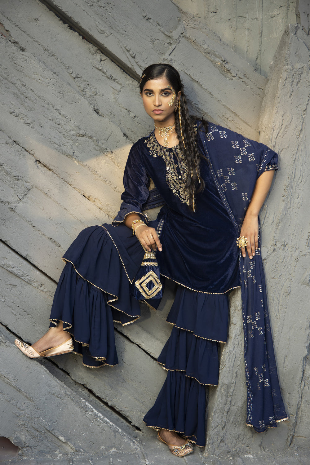 Juniper Blue Velvet Festive Solid Straight kurta Sharara Set For Women