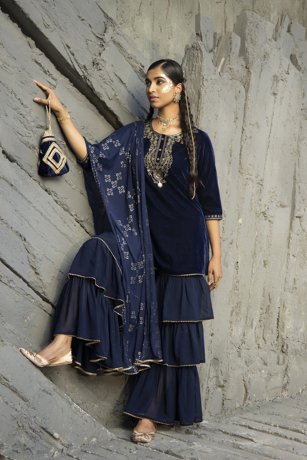 Juniper Blue Velvet Festive Solid Straight kurta Sharara Set For Women