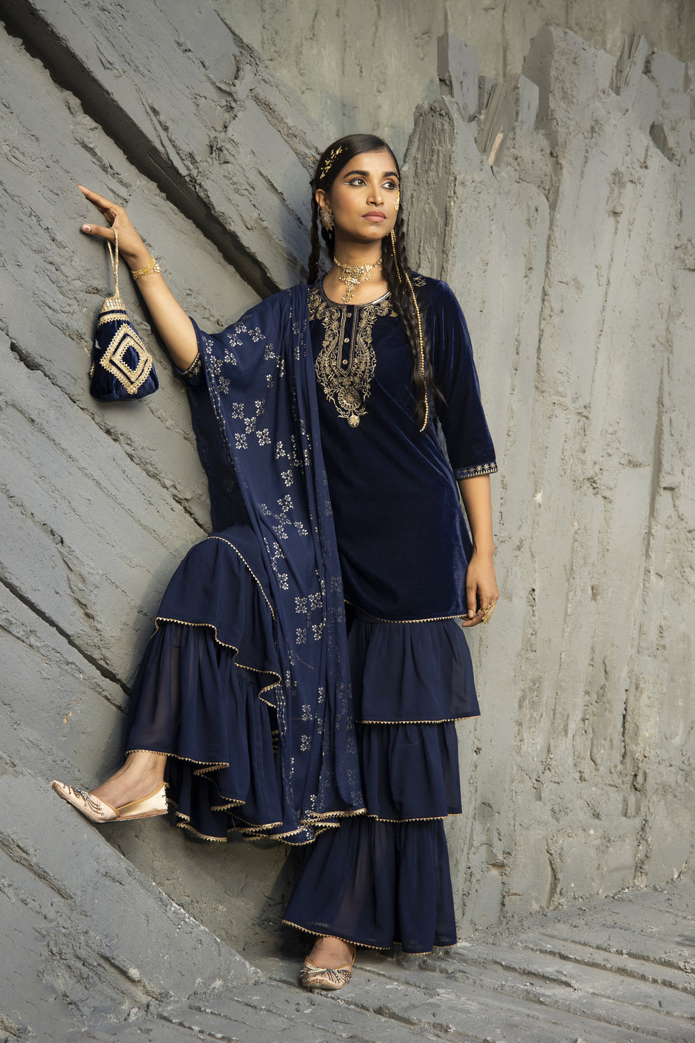 Juniper Blue Velvet Festive Solid Straight kurta Sharara Set For Women