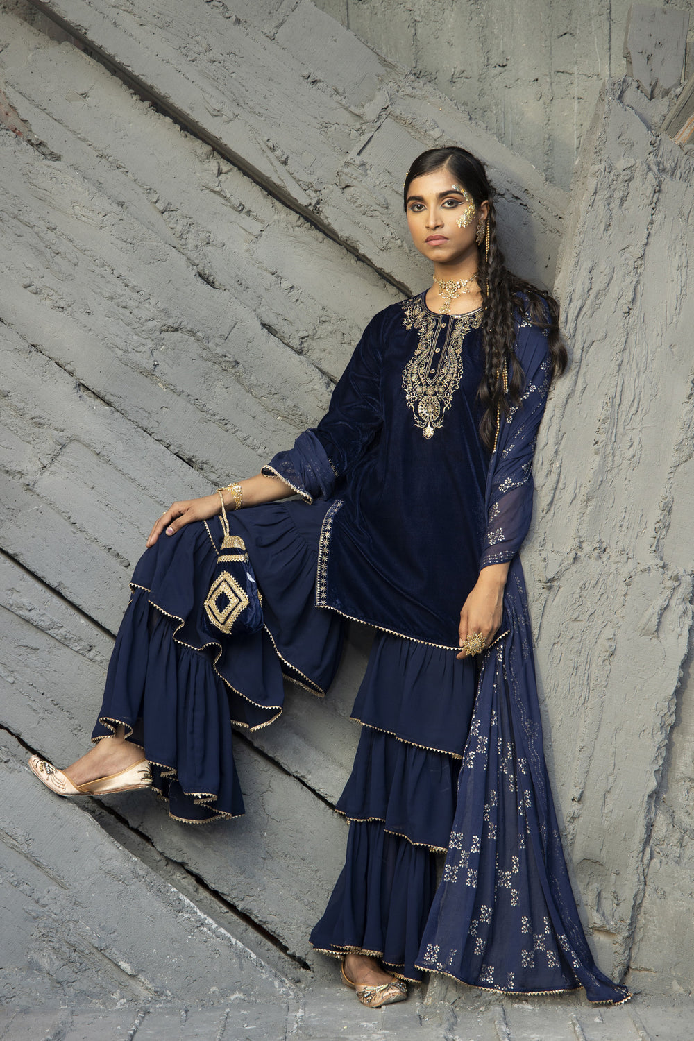 Juniper Blue Velvet Festive Solid Straight kurta Sharara Set For Women