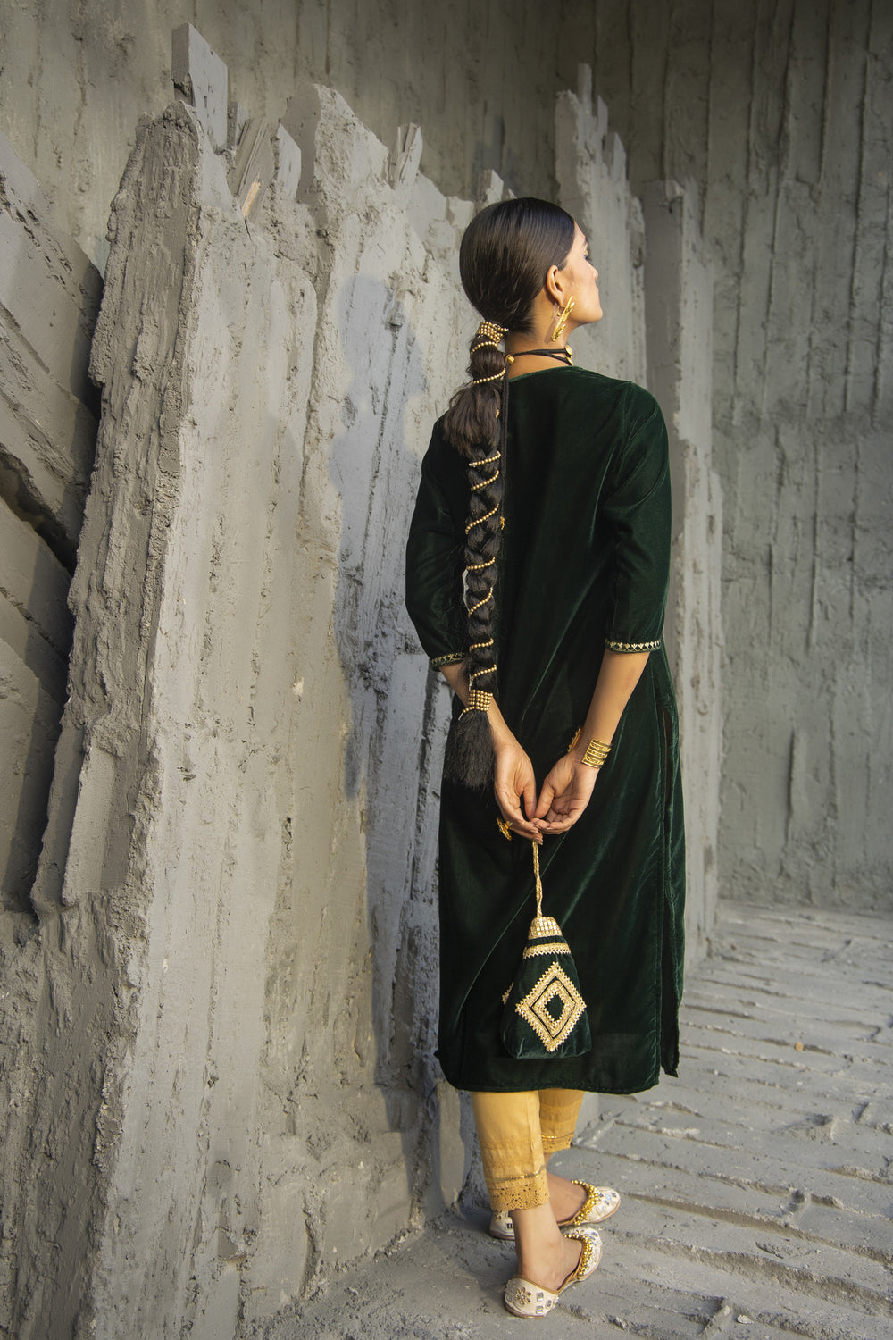 Juniper Green Velvet Festive Solid Embroidered Straight Kurta For Women