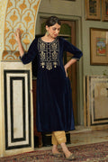 Juniper Navy Velvet Festive Solid Embroidered Straight Kurta For Women