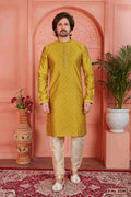 Raivat Ethnic Men's Jacquard Silk Brocade Mirror and Pintux Work Kurta Pyjama In Gold Colour