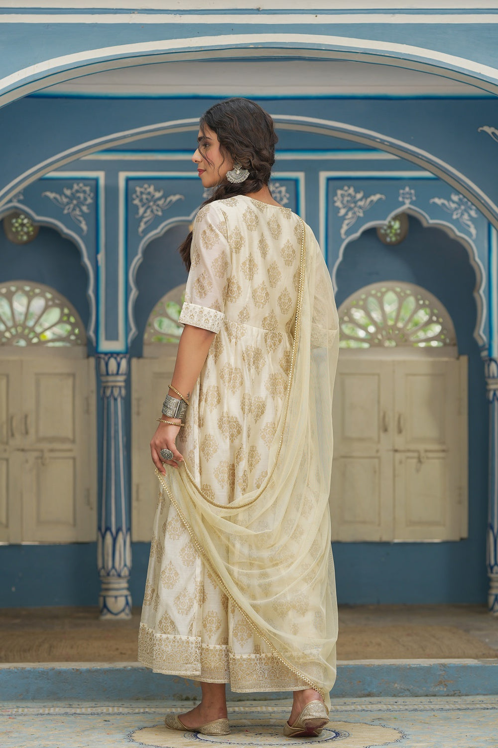 Juniper Beige Chanderi Festive Solid Embroidered Flared Maxi Dupatta For Women
