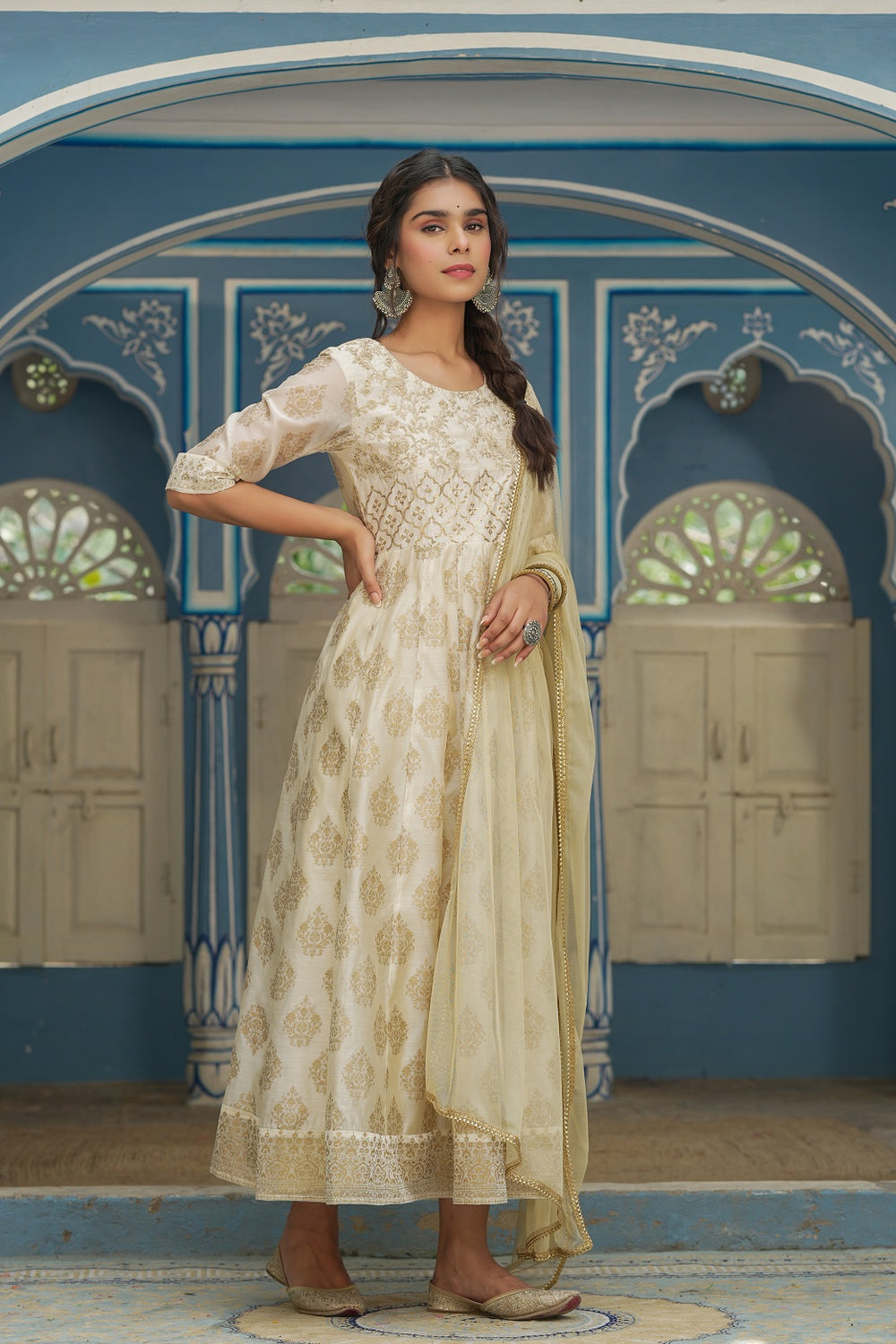 Juniper Beige Chanderi Festive Solid Embroidered Flared Maxi Dupatta For Women