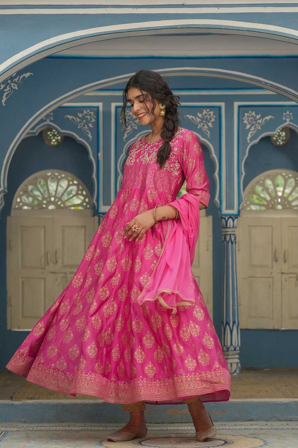 Juniper Pink Chanderi Festive Solid Embroidered Flared Maxi Dupatta For Women