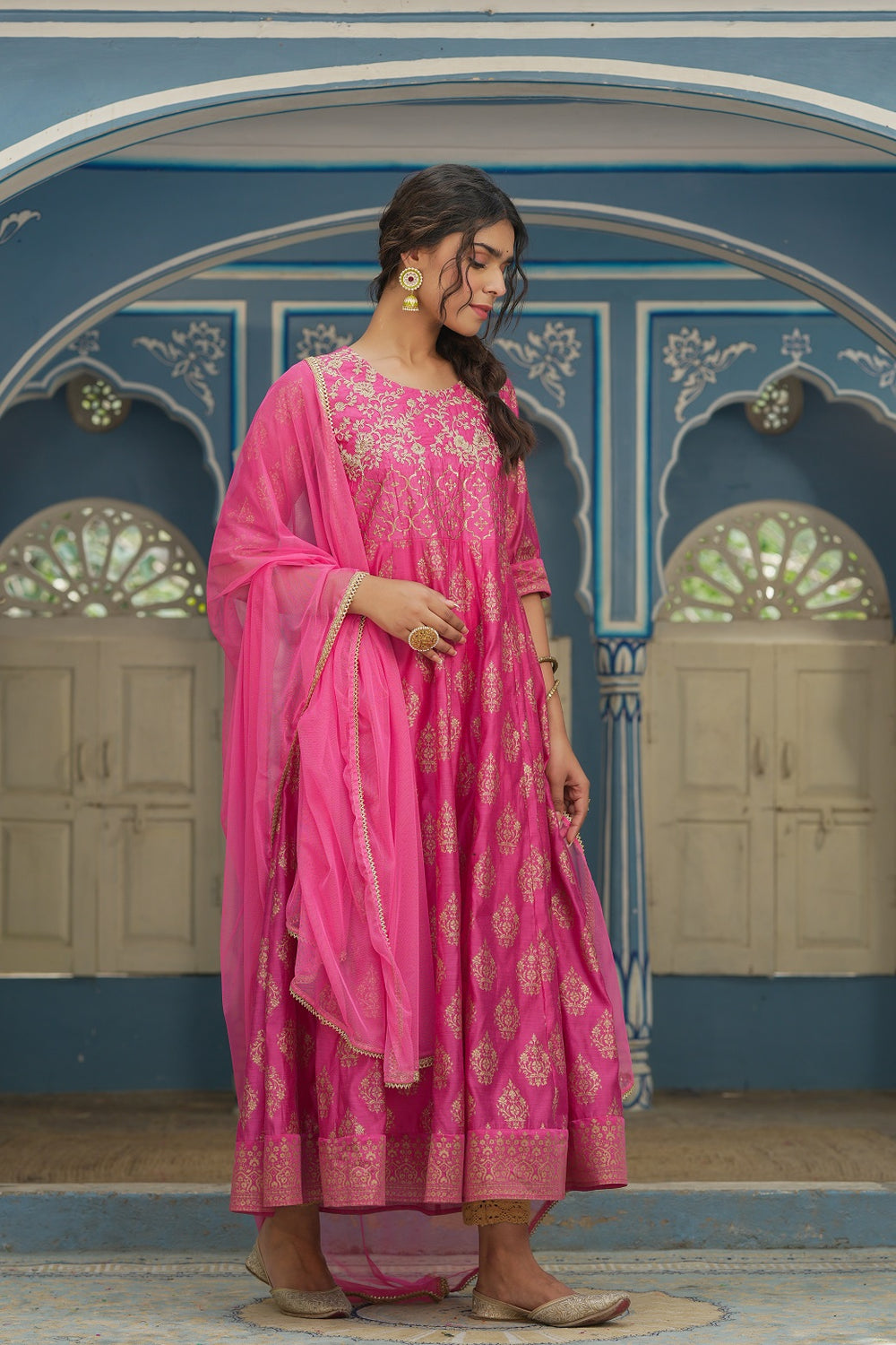 Juniper Pink Chanderi Festive Solid Embroidered Flared Maxi Dupatta For Women