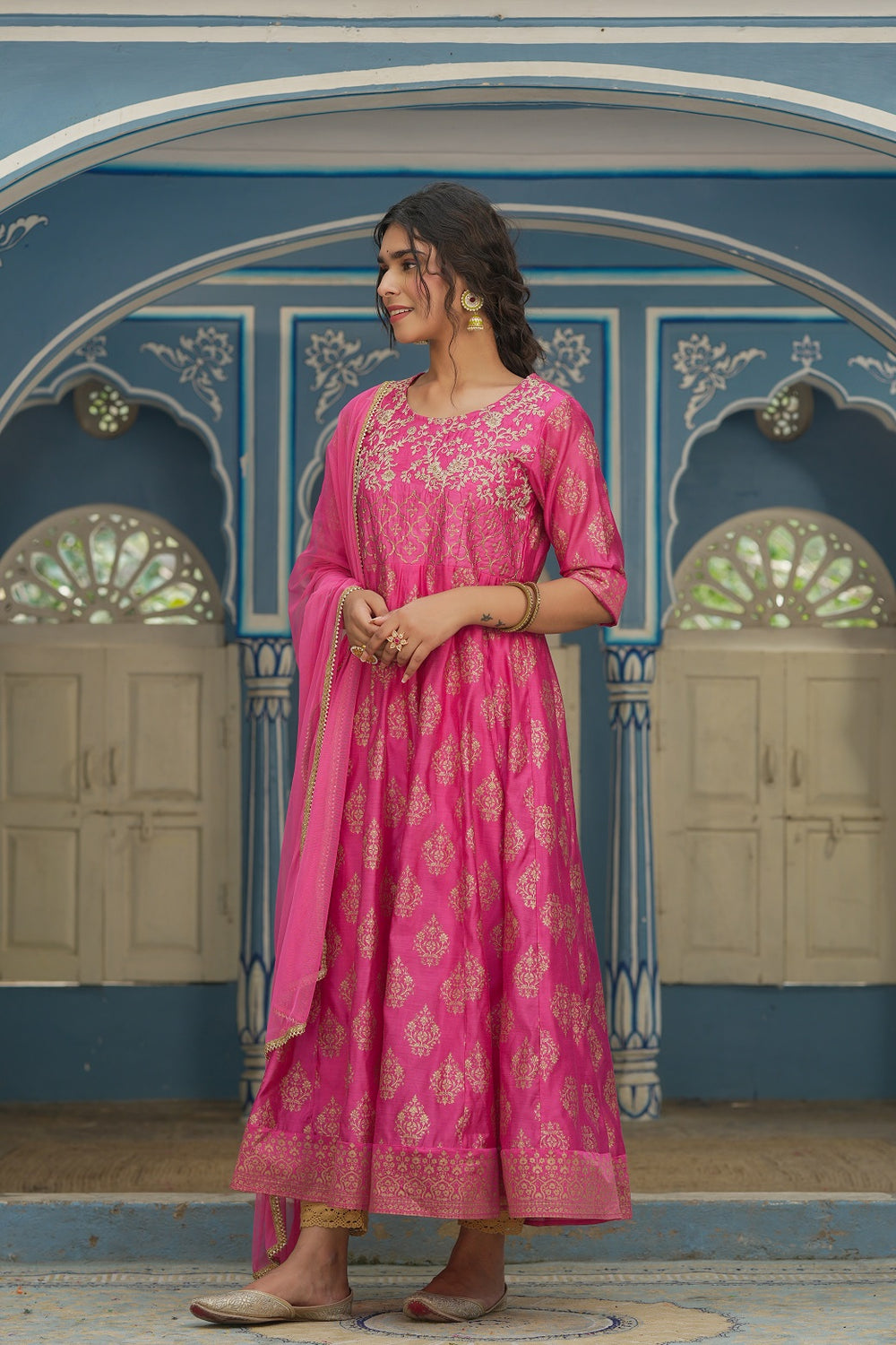 Juniper Pink Chanderi Festive Solid Embroidered Flared Maxi Dupatta For Women