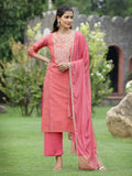 Juniper Pink Chanderi Festive Embroidered Placement Printed Straight Kurta Set