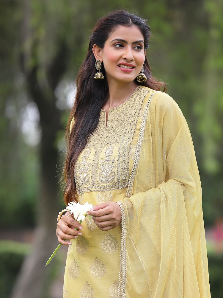 Juniper Mustard Chanderi Festive Embroidered Placement Printed A-line Kurta Set