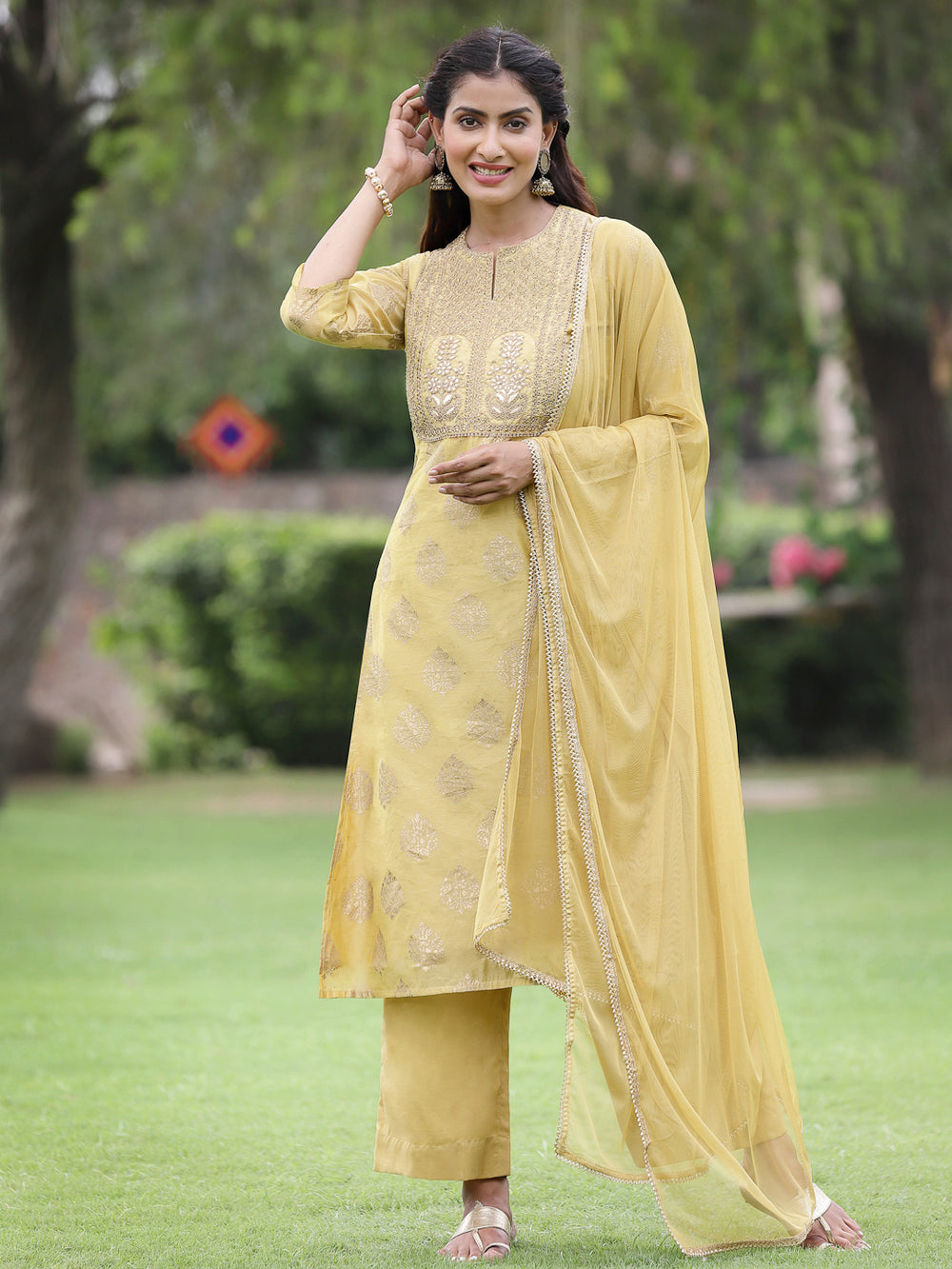 Juniper Mustard Chanderi Festive Embroidered Placement Printed A-line Kurta Set