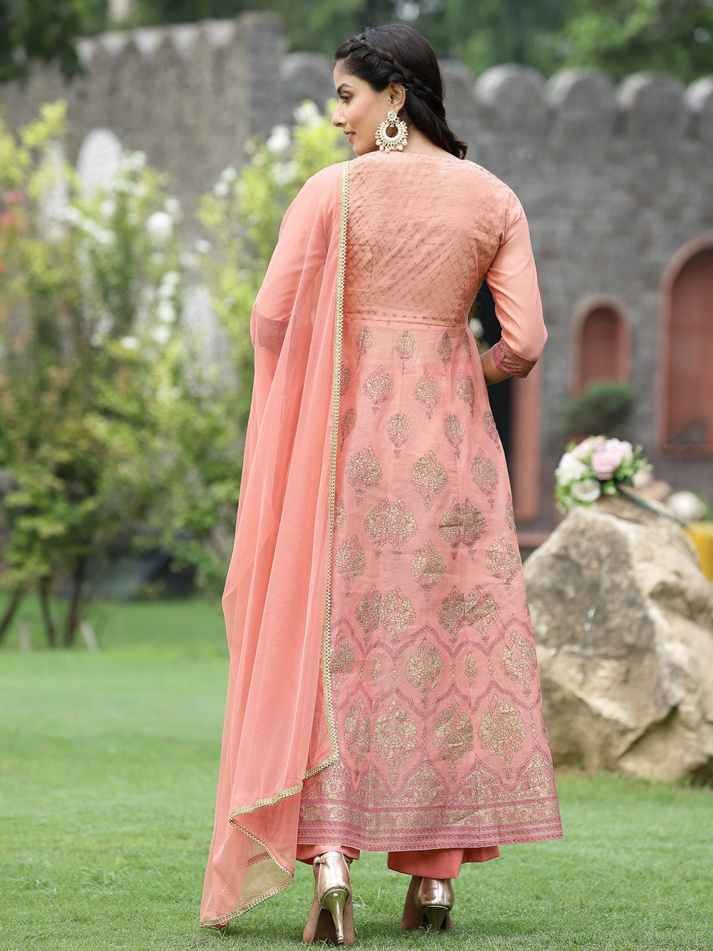 Juniper Peach Chanderi Festive Embroidered Floral Print Flared Kurta Set