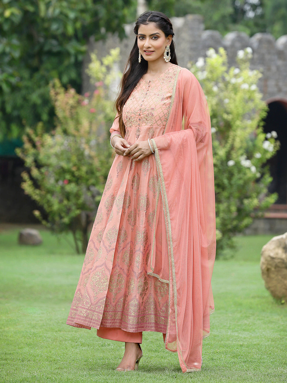 Juniper Peach Chanderi Festive Embroidered Floral Print Flared Kurta Set