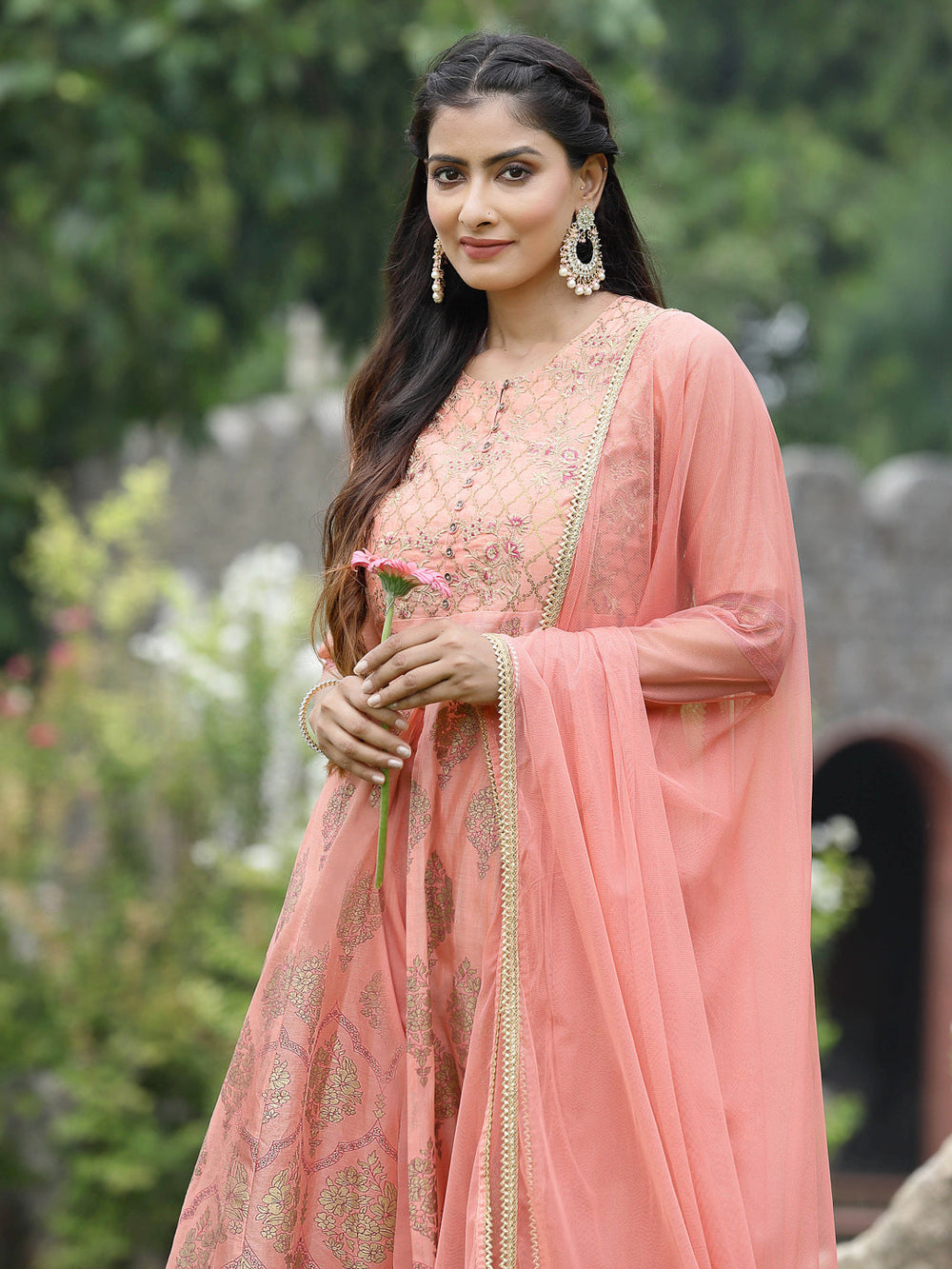 Juniper Peach Chanderi Festive Embroidered Floral Print Flared Kurta Set