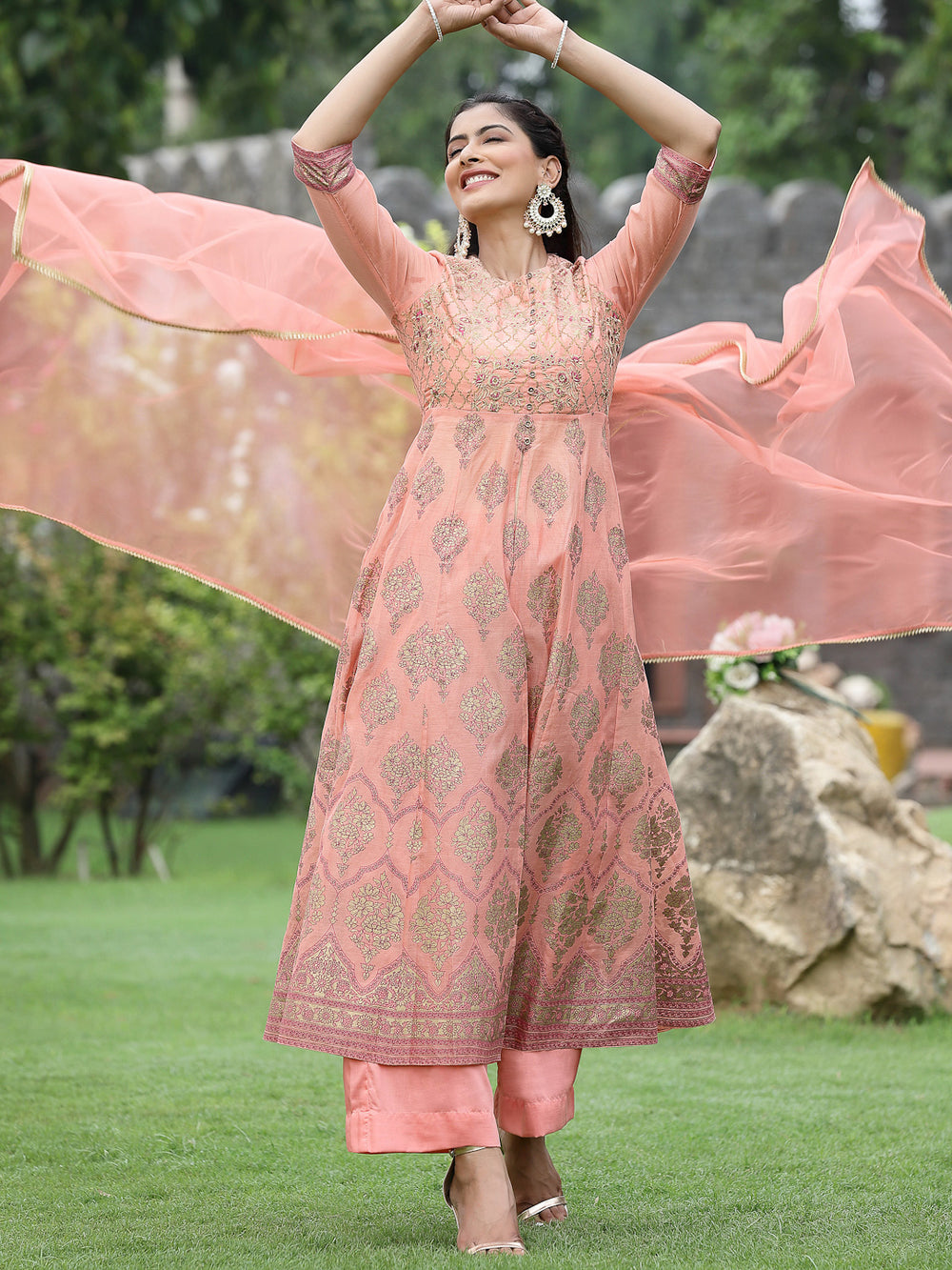 Juniper Peach Chanderi Festive Embroidered Floral Print Flared Kurta Set