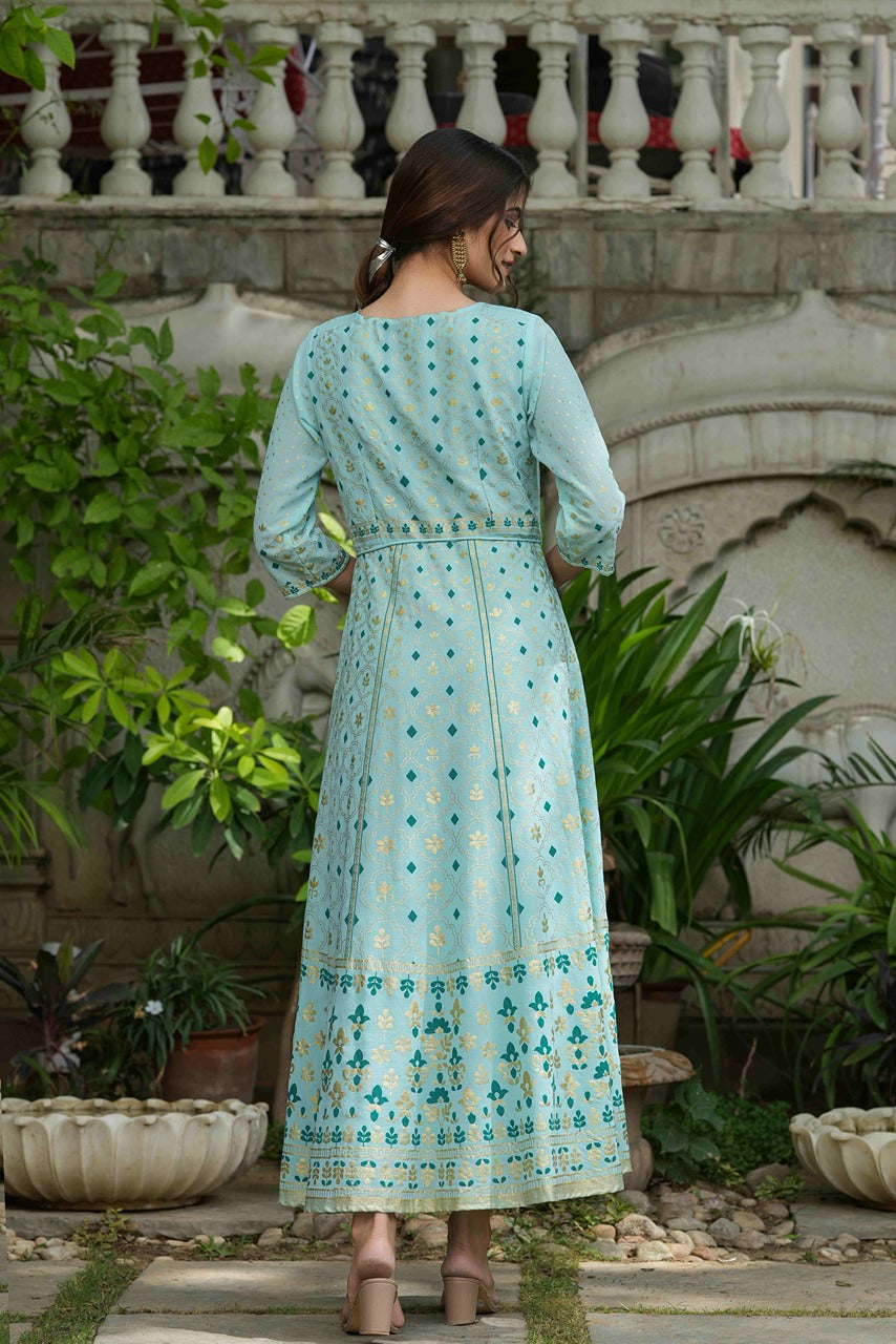 Juniper Sky Blue Georgette Festive Printed Flared Maxi For Women