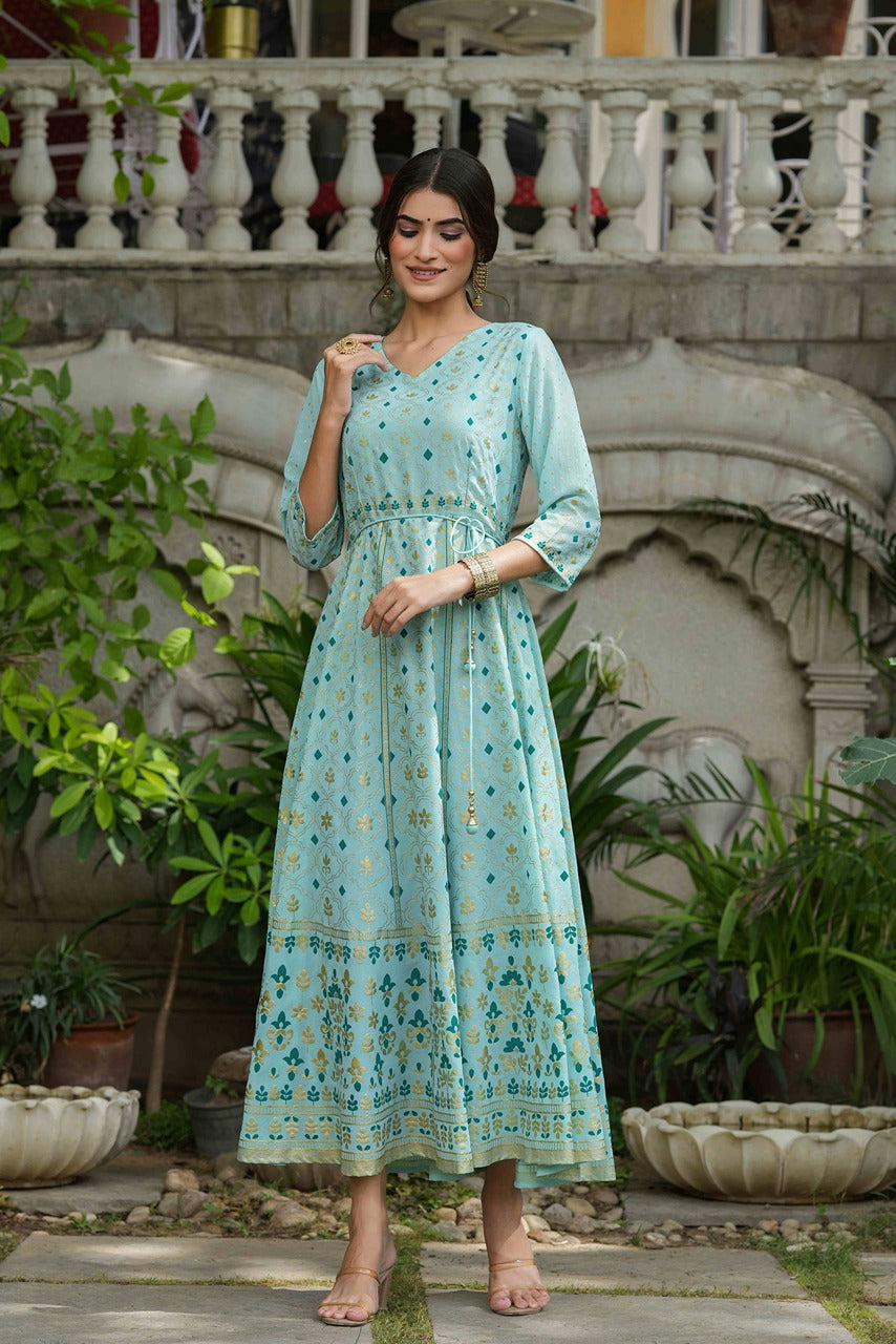 Juniper Sky Blue Georgette Festive Printed Flared Maxi For Women