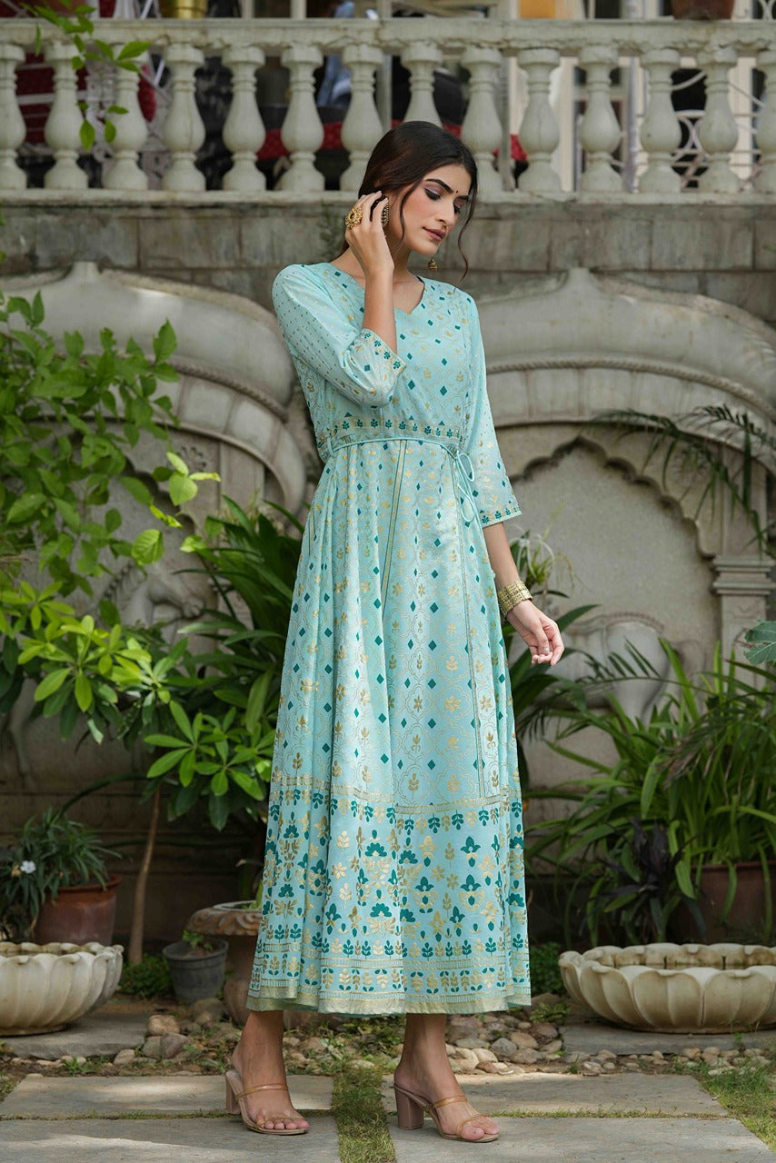 Juniper Sky Blue Georgette Festive Printed Flared Maxi For Women