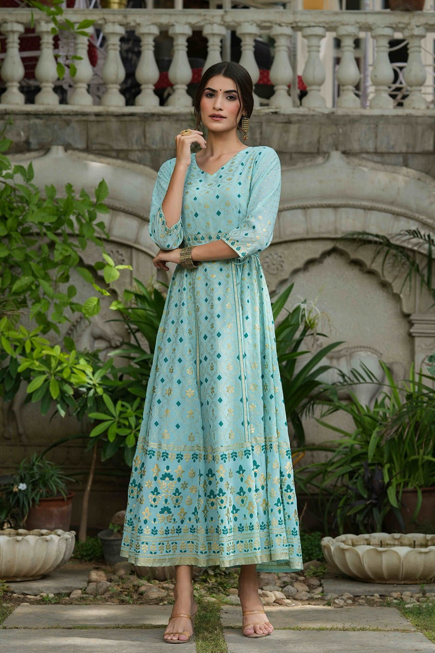 Juniper Sky Blue Georgette Festive Printed Flared Maxi For Women