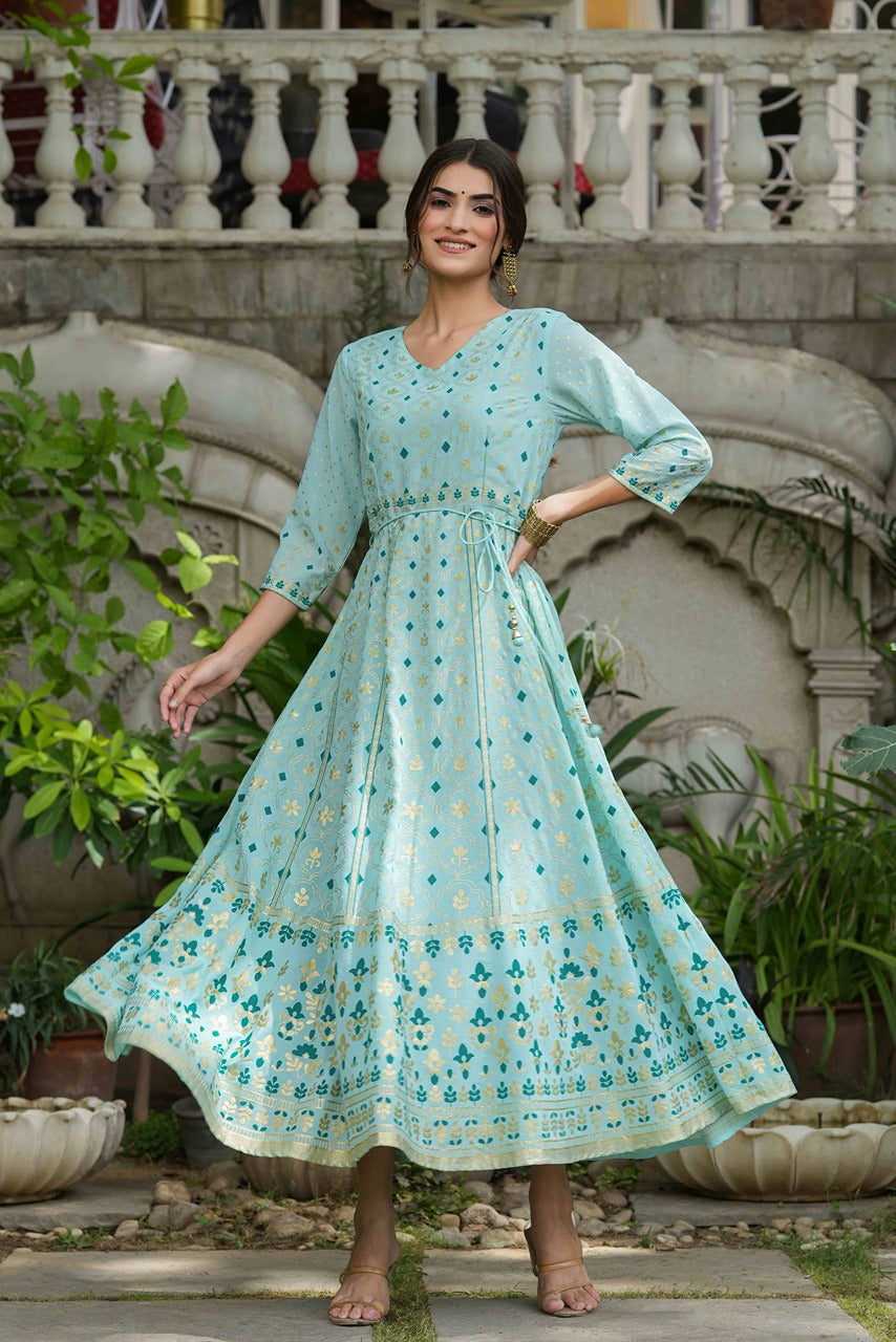Juniper Sky Blue Georgette Festive Printed Flared Maxi For Women