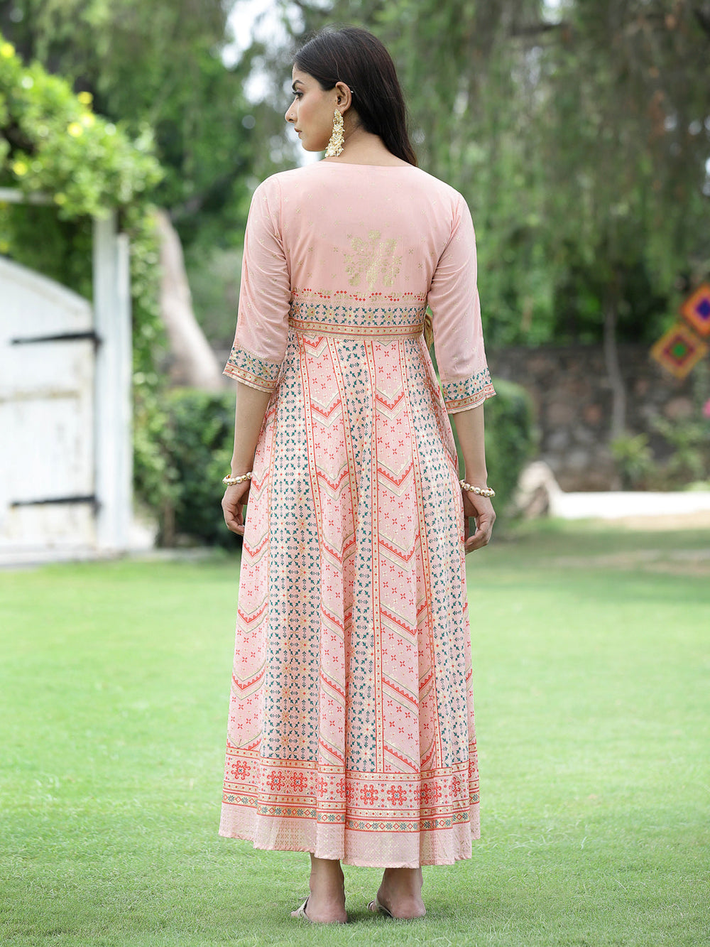 Juniper Peach Georgette Festive Printed Flared Maxi For Women