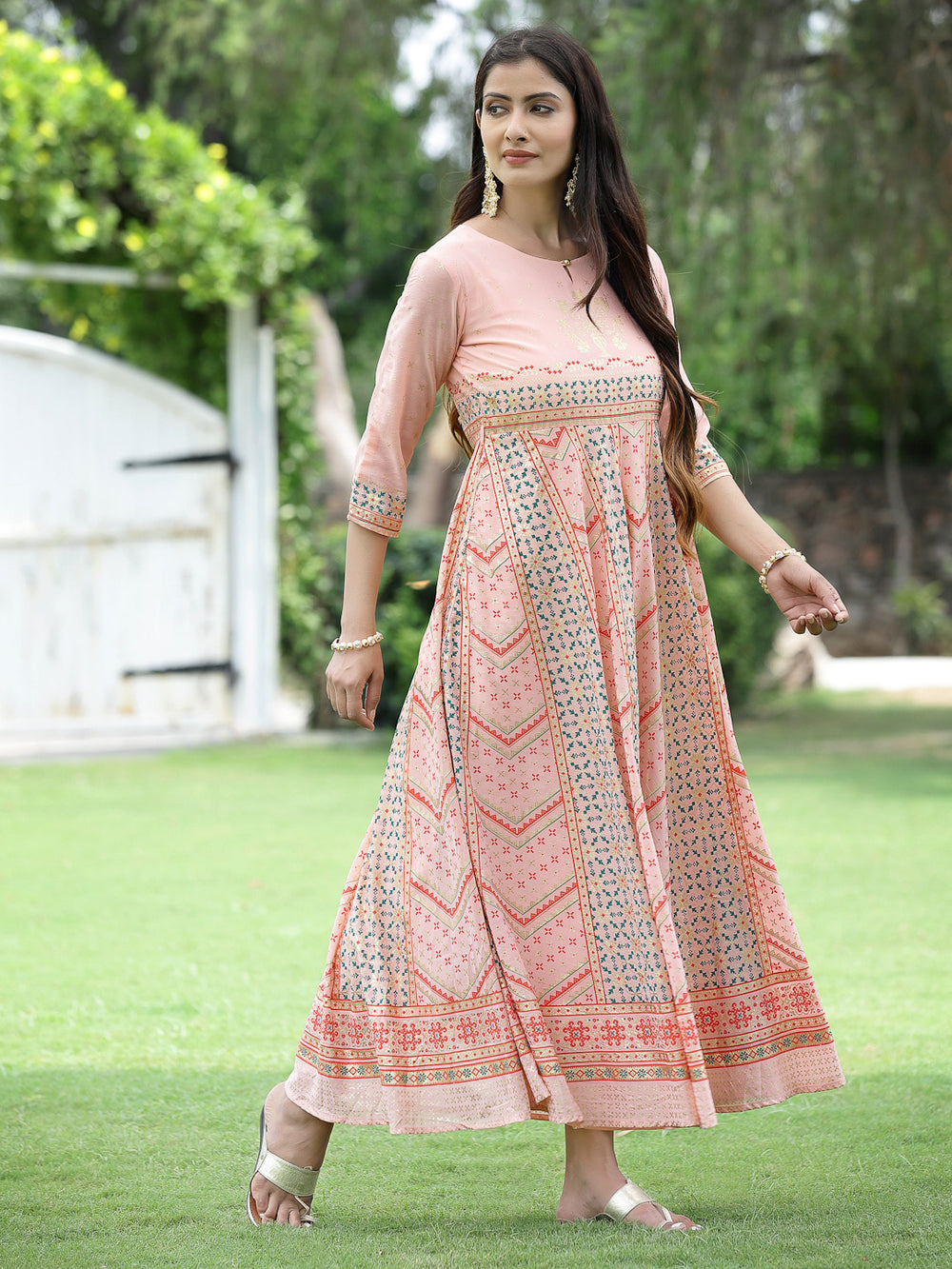 Juniper Peach Georgette Festive Printed Flared Maxi For Women